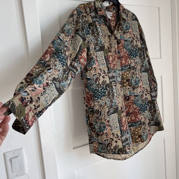 Vintage Womens Cote de France Silk Button Blouse Long Sleeve Brown Multi Sz S - Picture 5 of 13